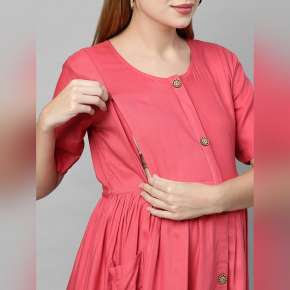 Coral: Pink Maternity/Nursing Dress - Picture 3 of 4
